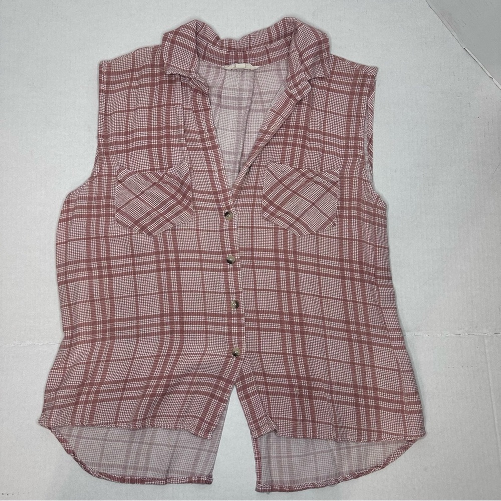 Sim & Sam | Pink Plaid Sleeveless Button-Up Top Shirt | Size L - Picture 5 of 8